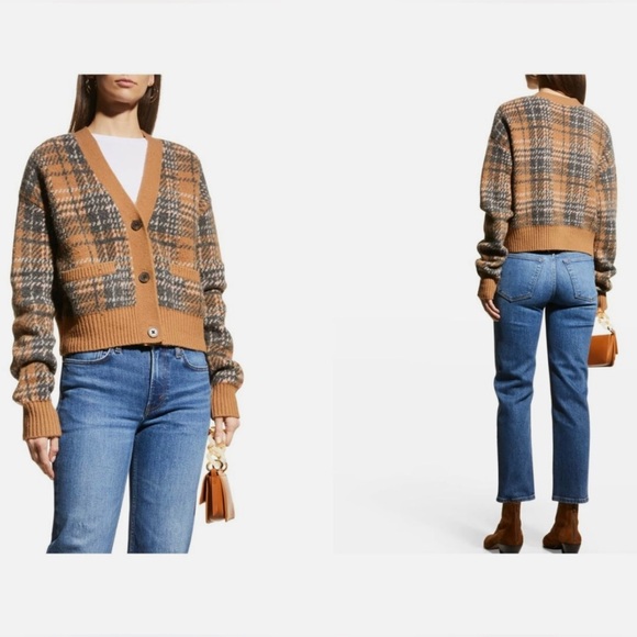 RE/DONE 90s Crop Cardigan Caramel Multi Tan Plaid - Picture 2 of 6